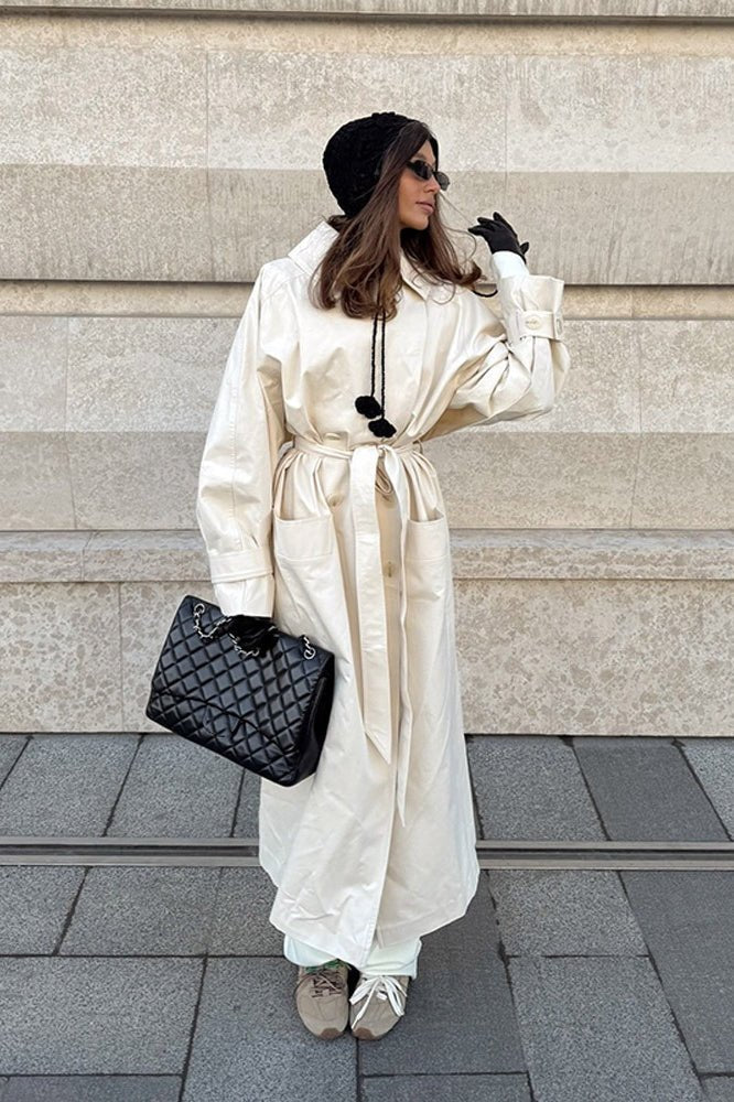 Belted Maxi Trench Coat with Lapel Collar and Drawstring Detail