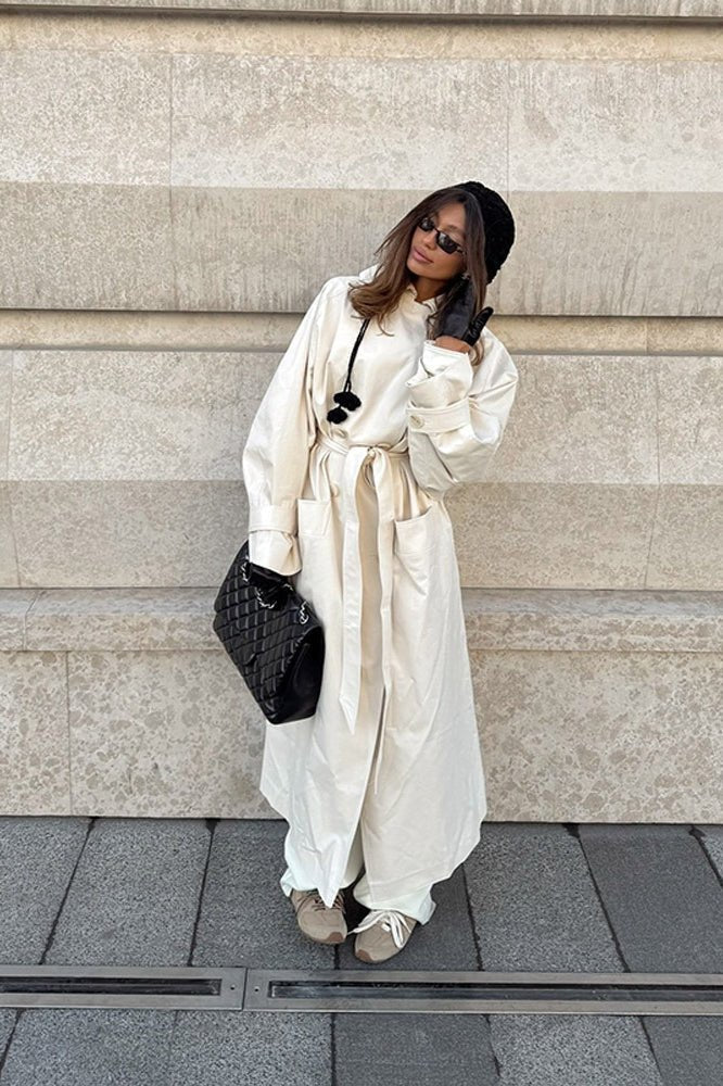 Belted Maxi Trench Coat with Lapel Collar and Drawstring Detail