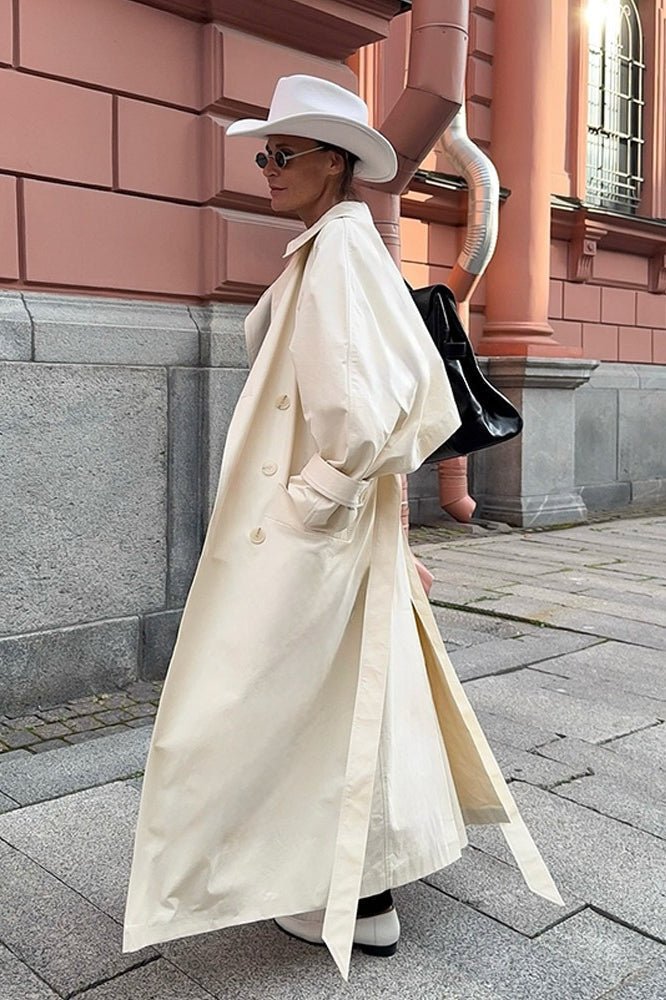 Belted Maxi Trench Coat with Lapel Collar and Drawstring Detail