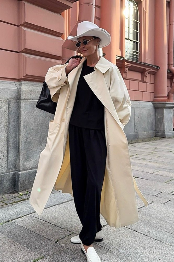 Belted Maxi Trench Coat with Lapel Collar and Drawstring Detail