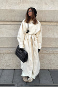 Belted Maxi Trench Coat with Lapel Collar and Drawstring Detail