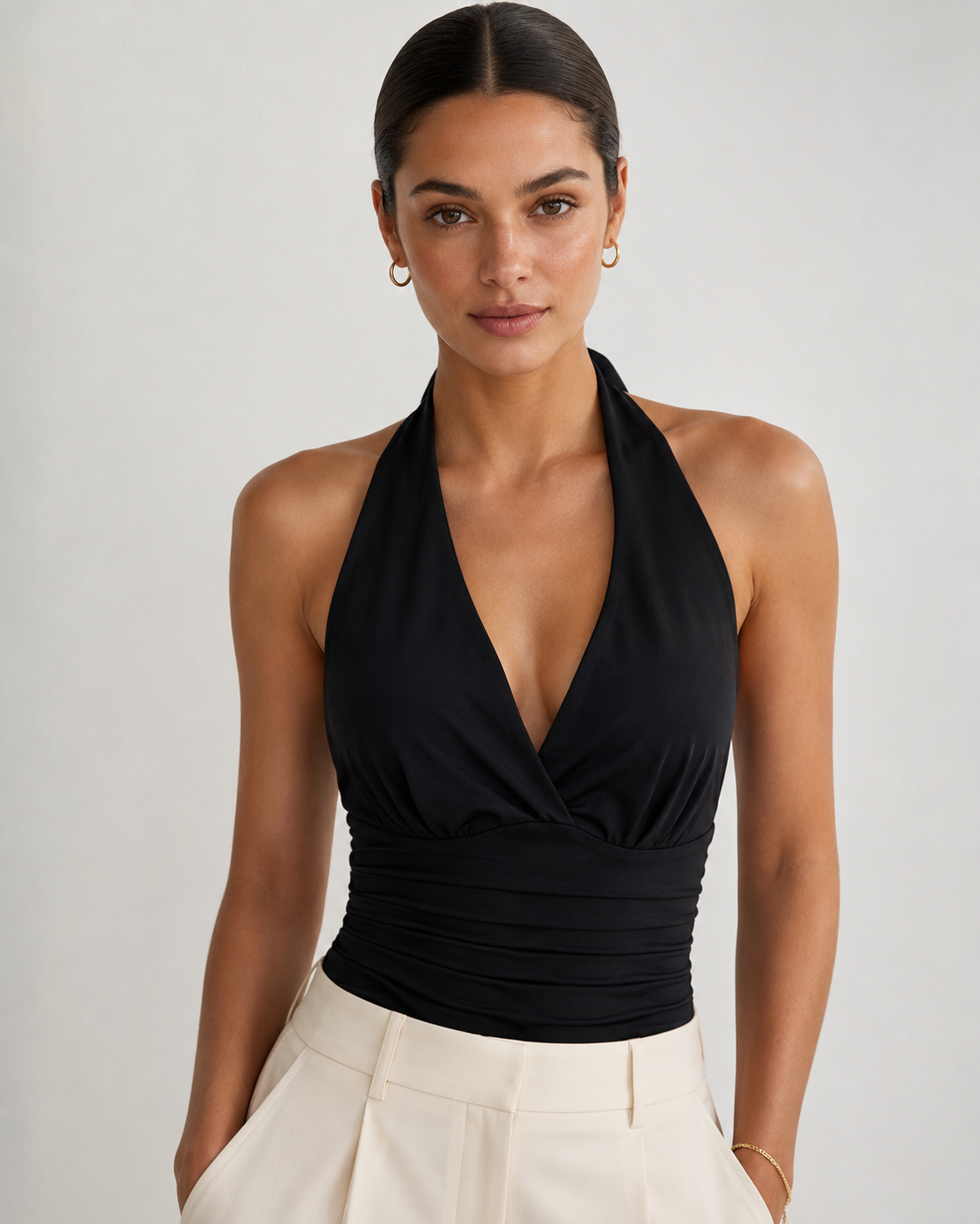 Black Halter V-Neck Ruched Backless Crop Top