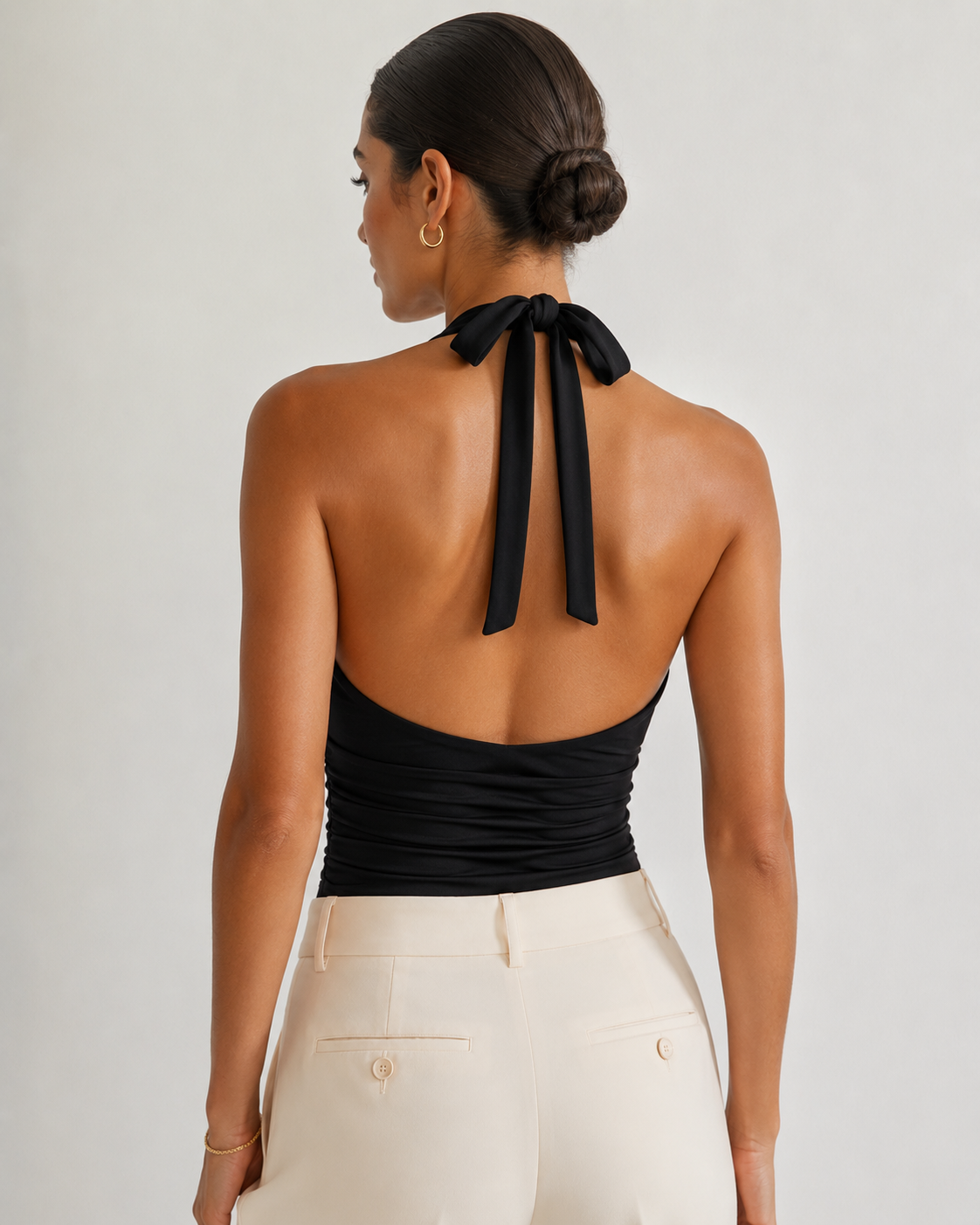 Black Halter V-Neck Ruched Backless Crop Top