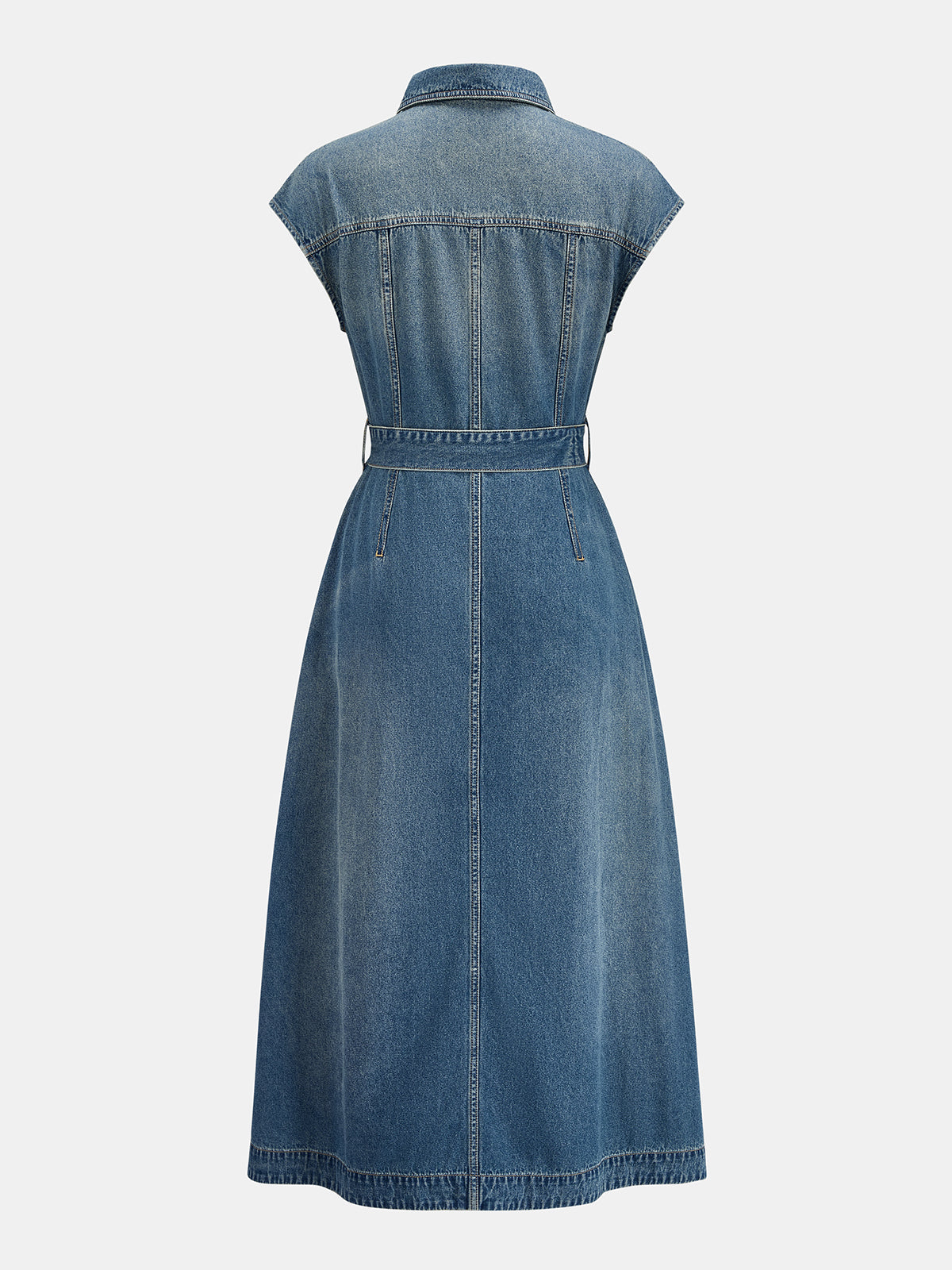 Belted Sleeveless Washed Denim Shirt Dress