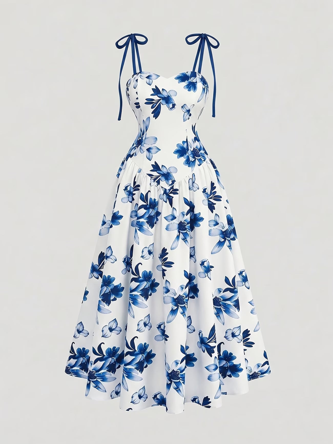 Blue Floral V-Neck Ruffle Maxi Dress
