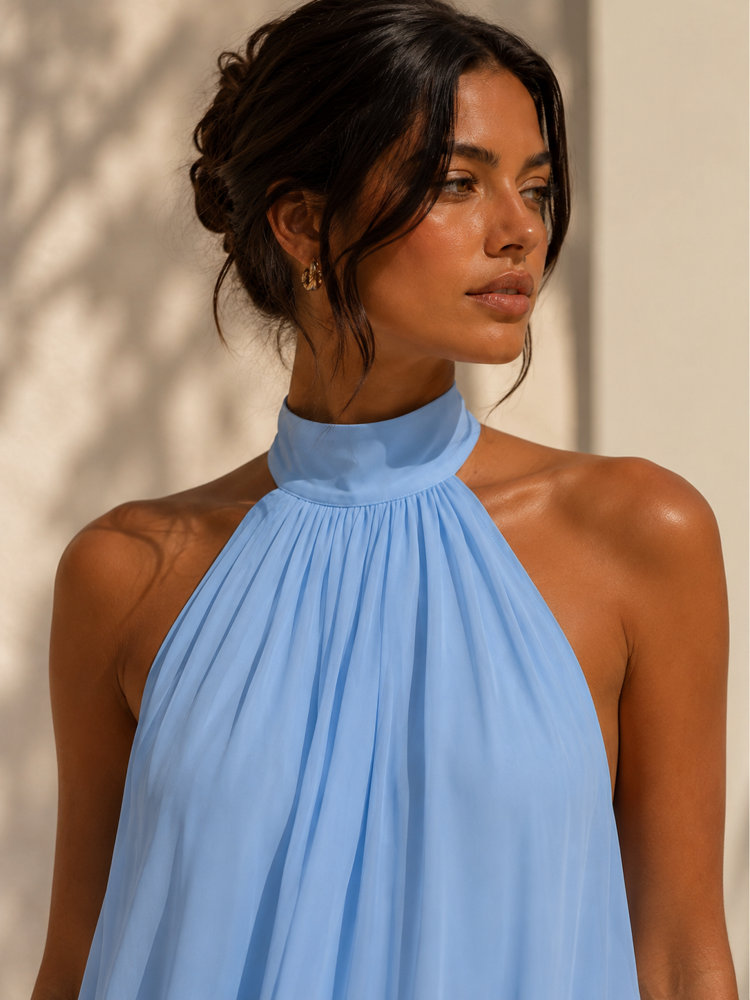 Blue Halter Neck Backless Tie Waist Knit Mini Dress