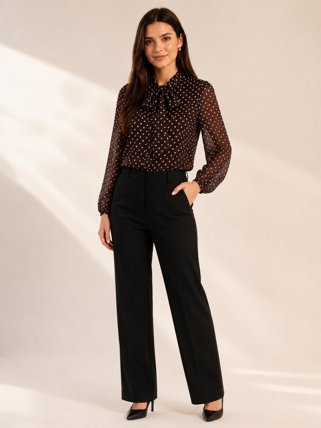Brown Polka Dot High Neck Bow Tie Long Sleeve Blouse