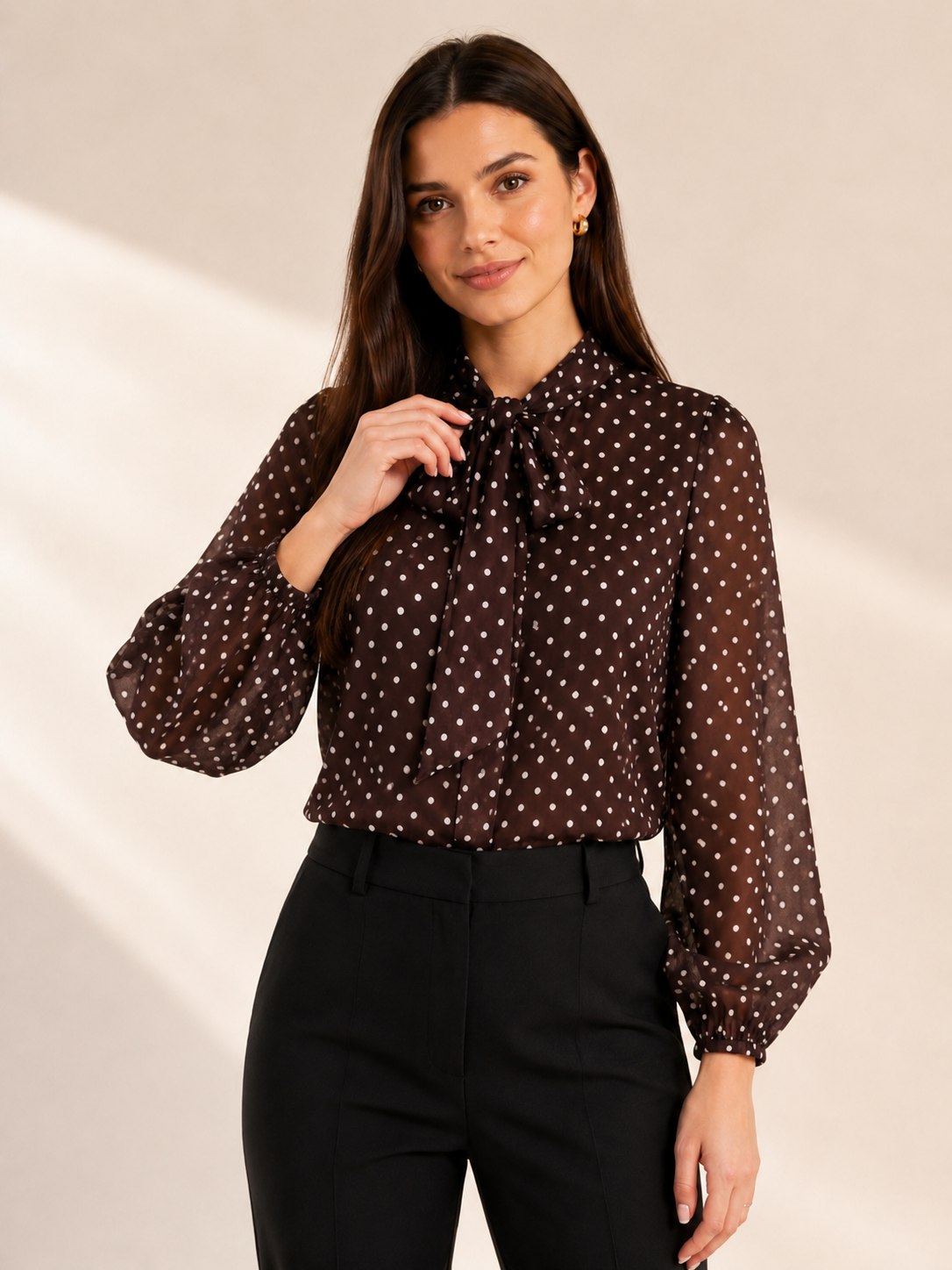 Brown Polka Dot High Neck Bow Tie Long Sleeve Blouse