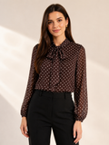 Brown Polka Dot High Neck Bow Tie Long Sleeve Blouse