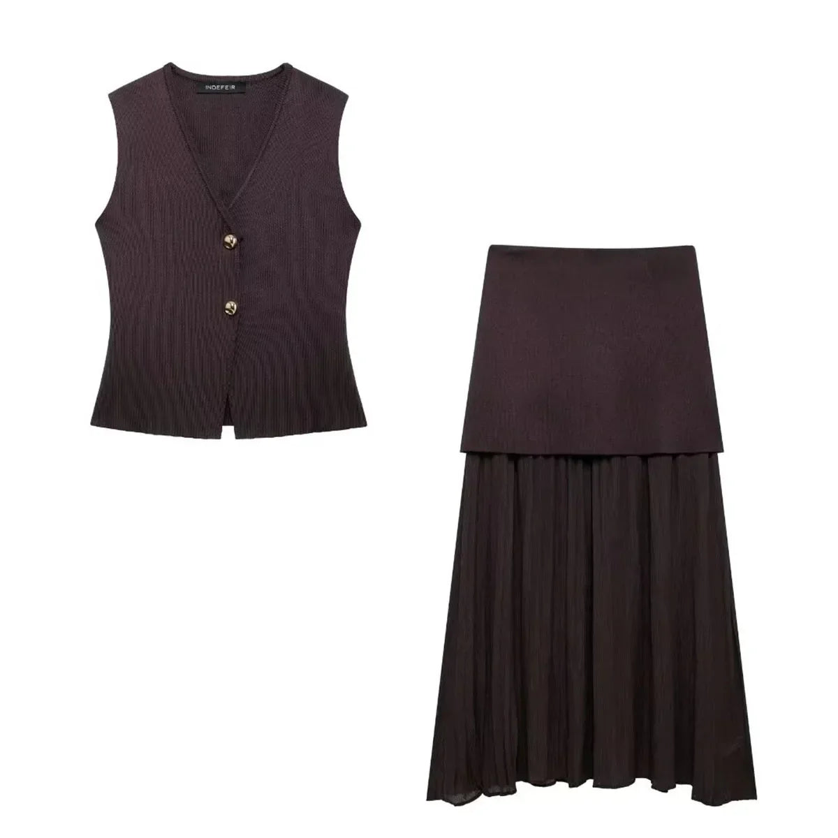 Brown Spliced Pleated Skirt and Vest Co-ord Set