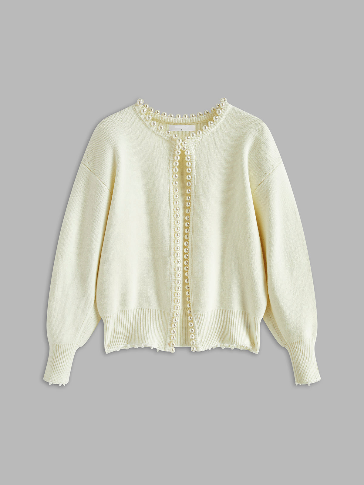 Cardigan with Pearl Trim and Ripped Hem