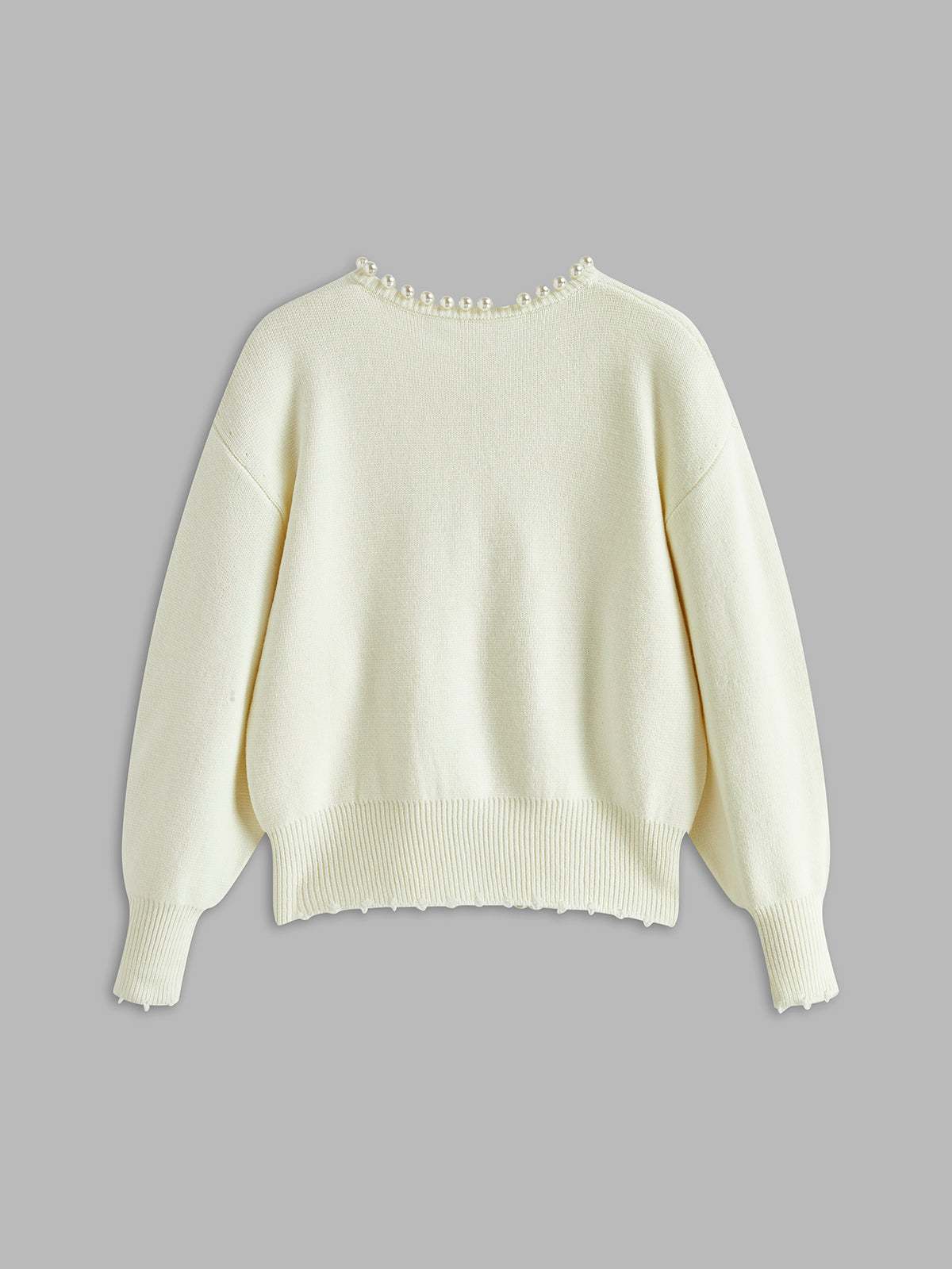 Cardigan with Pearl Trim and Ripped Hem
