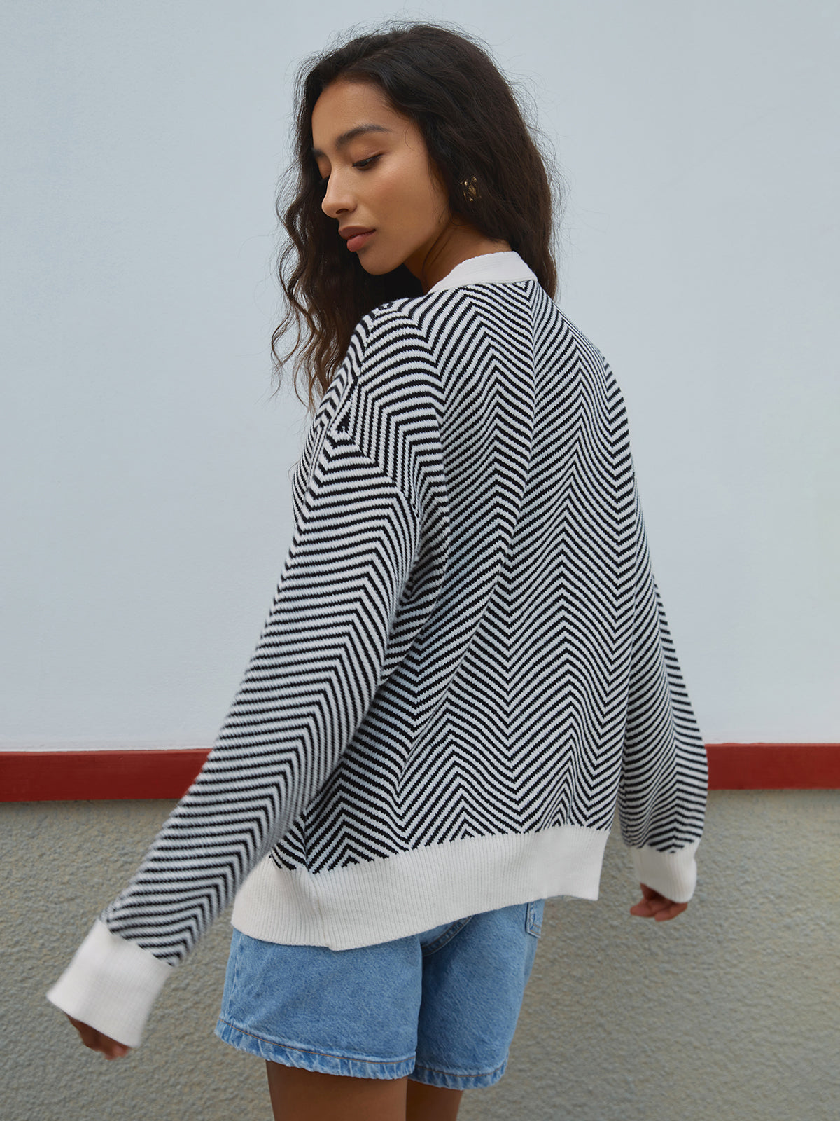 Chevron Knit Cardigan with Contrast Buttons