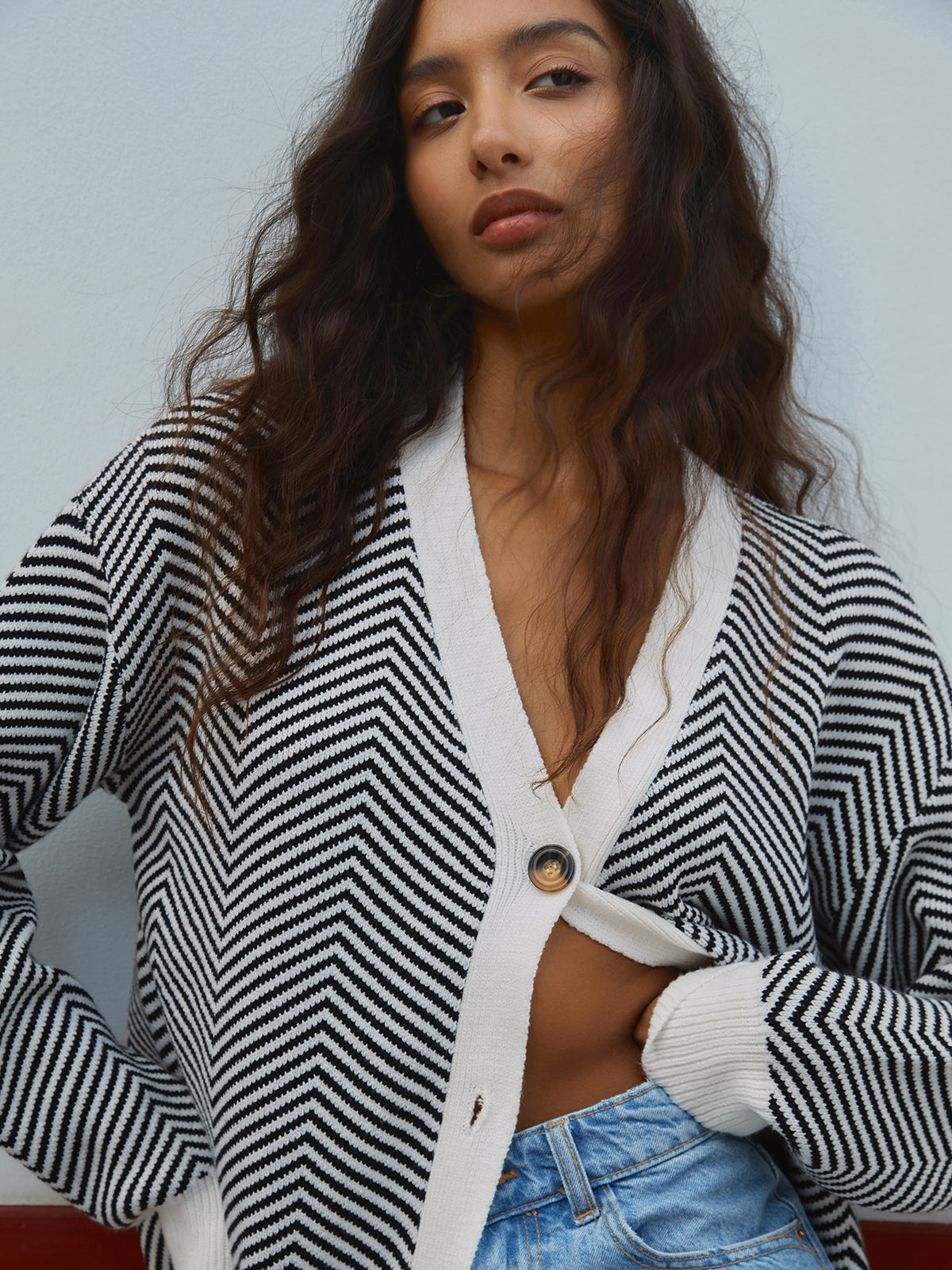 Chevron Knit Cardigan with Contrast Buttons