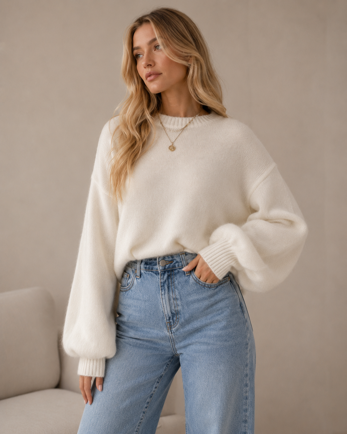 White Crew Neck Long Sleeve Knit Sweater