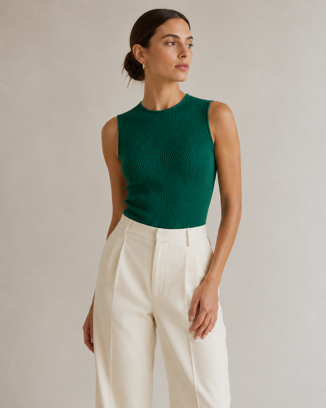 Crew Neck Sculpted Seam Ribbed Knit Tank Top