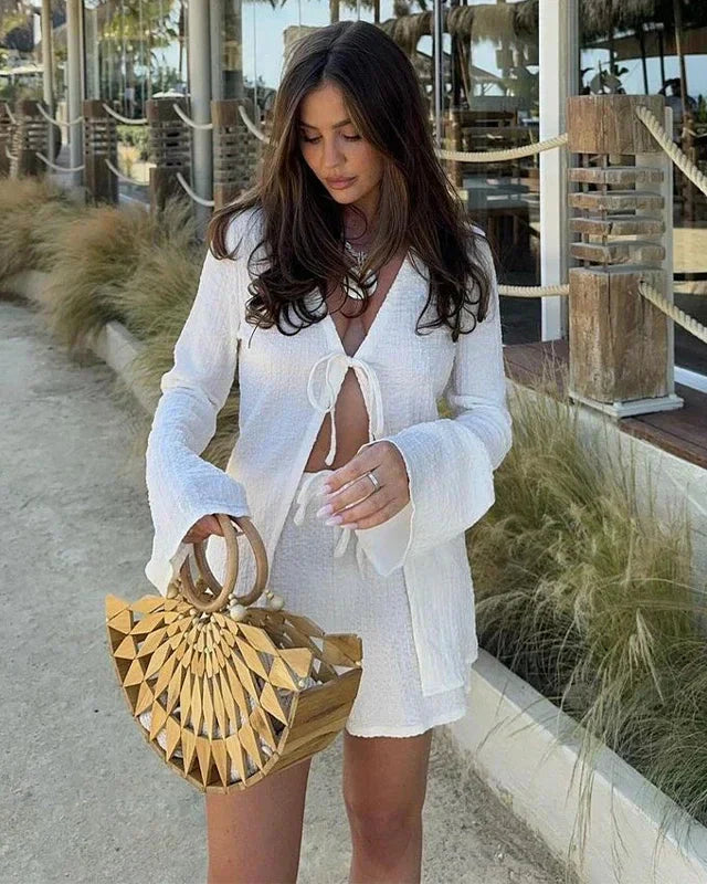 Crochet Hollow Out Top and Wide Leg Shorts Set