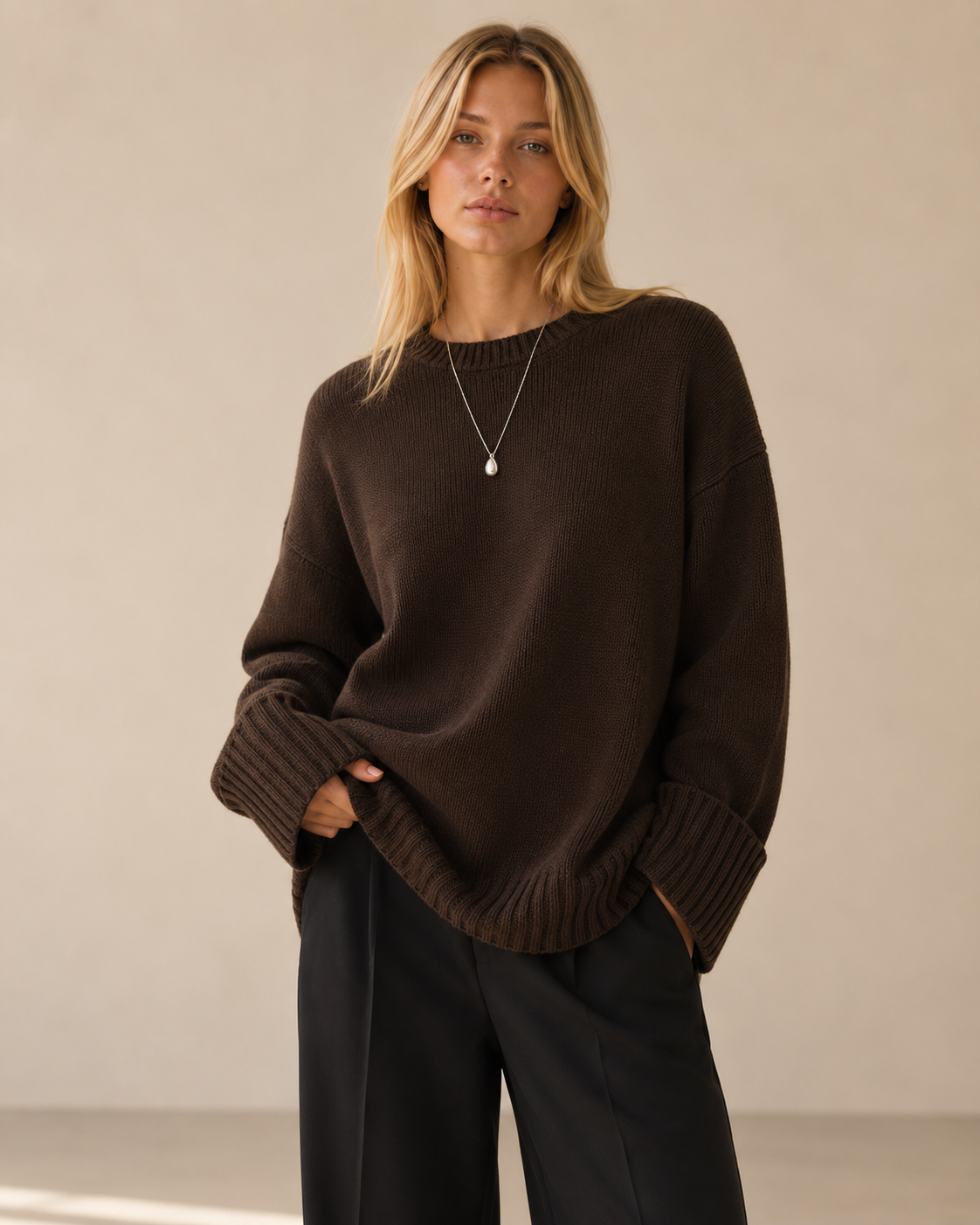 Brown Oversized Crew Neck Knit Sweater