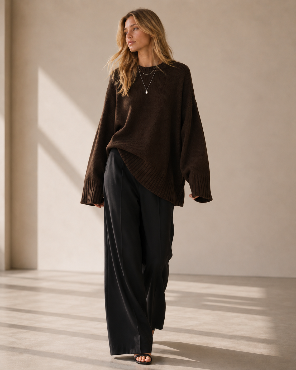 Brown Oversized Crew Neck Knit Sweater