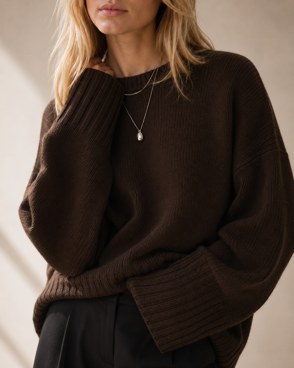Brown Oversized Crew Neck Knit Sweater