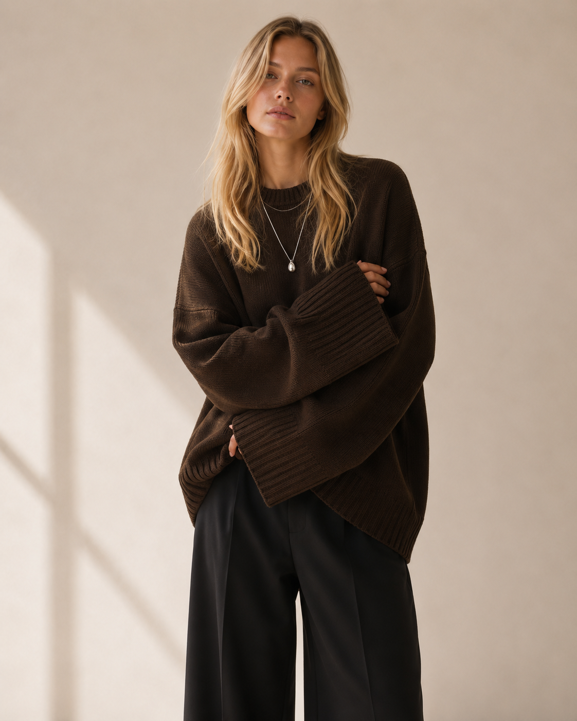 Brown Oversized Crew Neck Knit Sweater