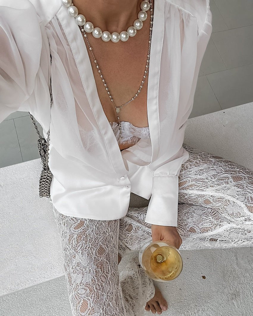 Deep V-Neck Sheer Button Down Blouse