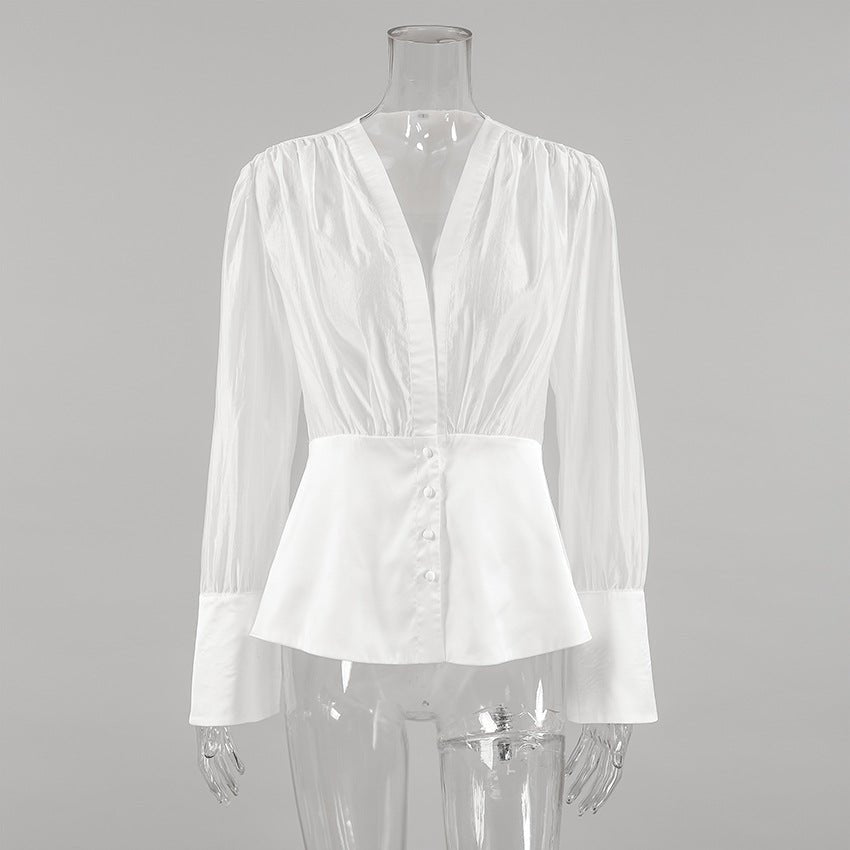 Deep V-Neck Sheer Button Down Blouse