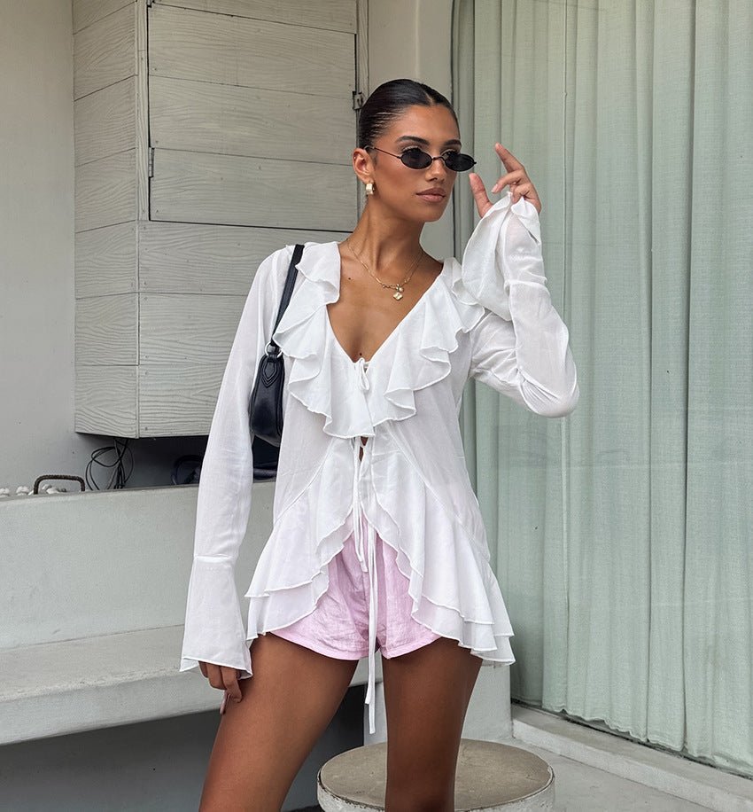 Deep V-Neck Top with Ruffle Detail