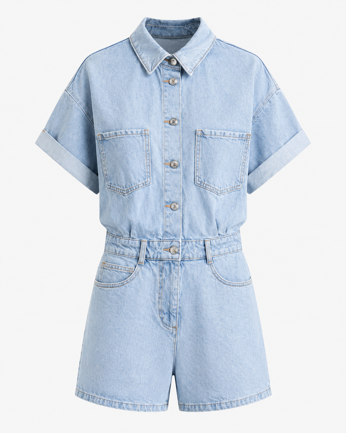 Denim Button Front Short Sleeve Jumpsuit
