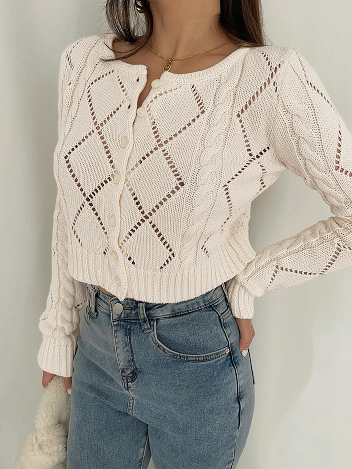 Diamond Eyelet Button Up Knit Top