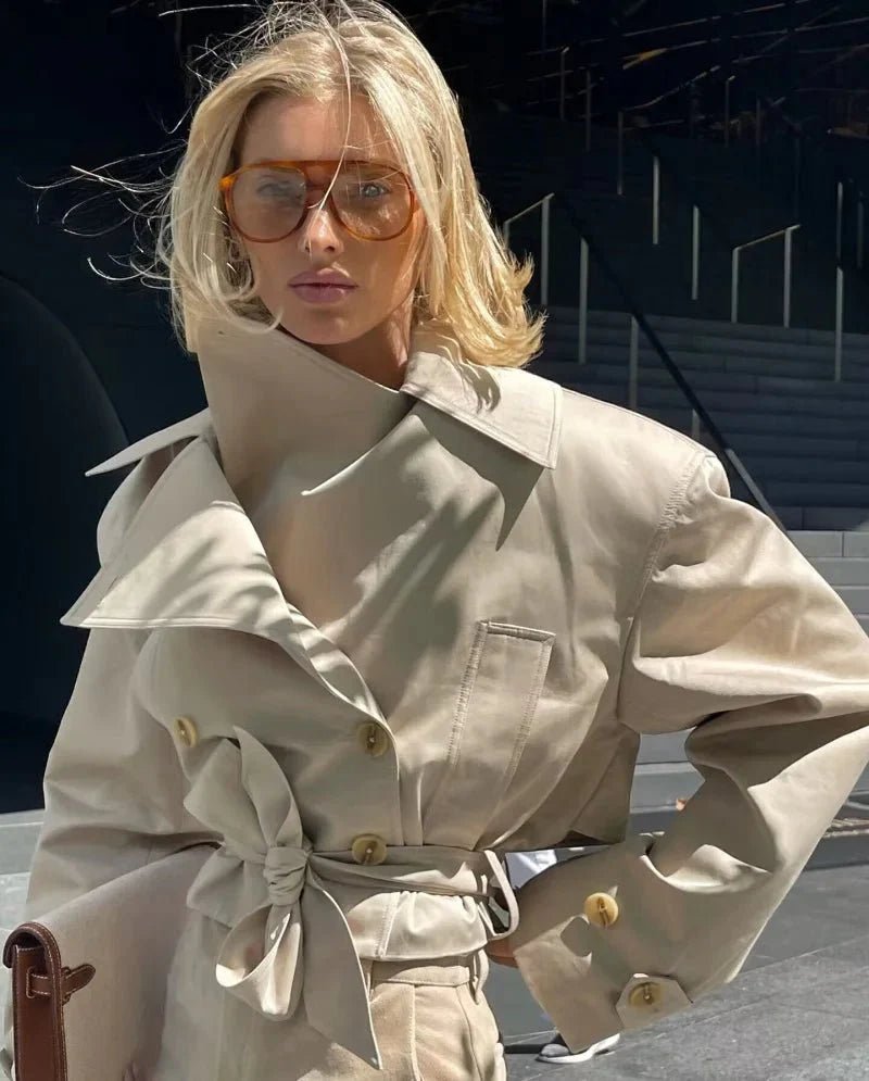 Double Breasted Belted Trench Coat with Lapel Collar