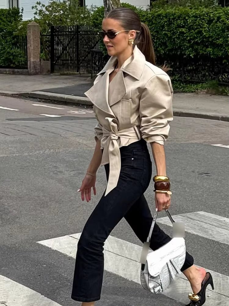 Double Breasted Belted Trench Coat with Lapel Collar