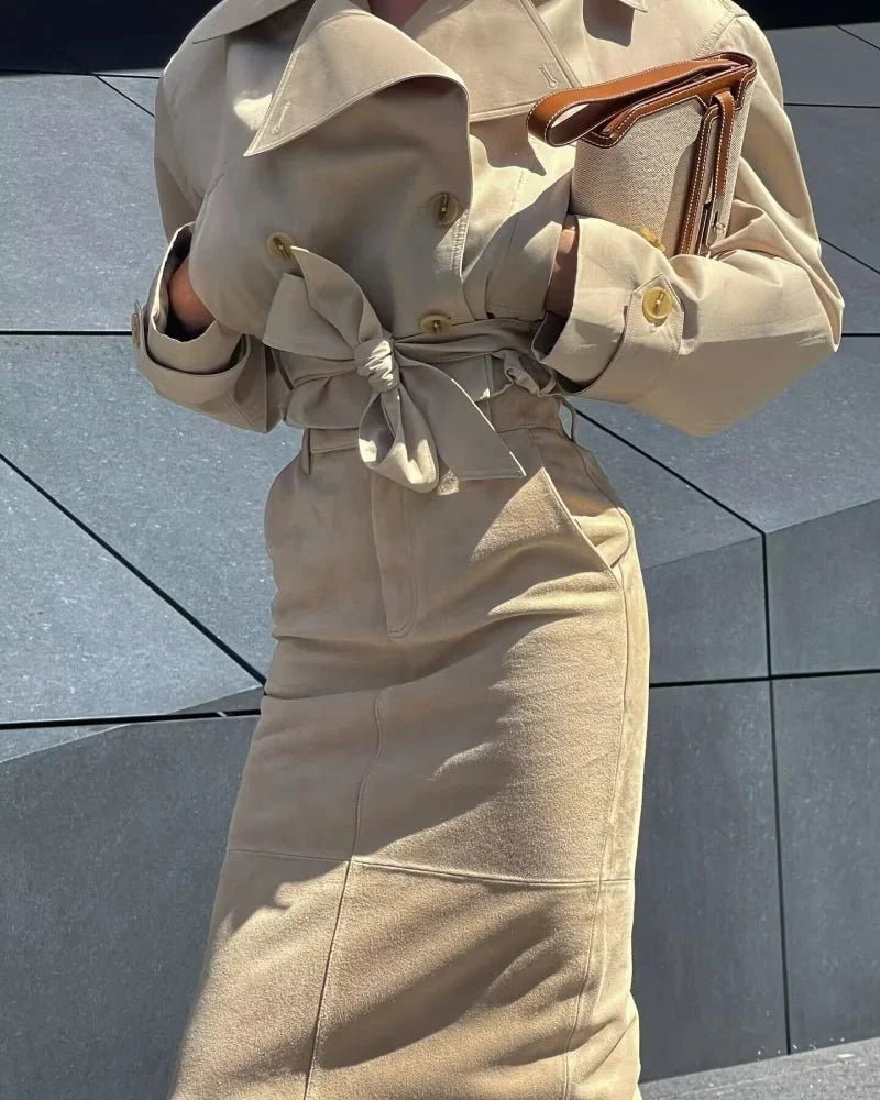 Double Breasted Belted Trench Coat with Lapel Collar