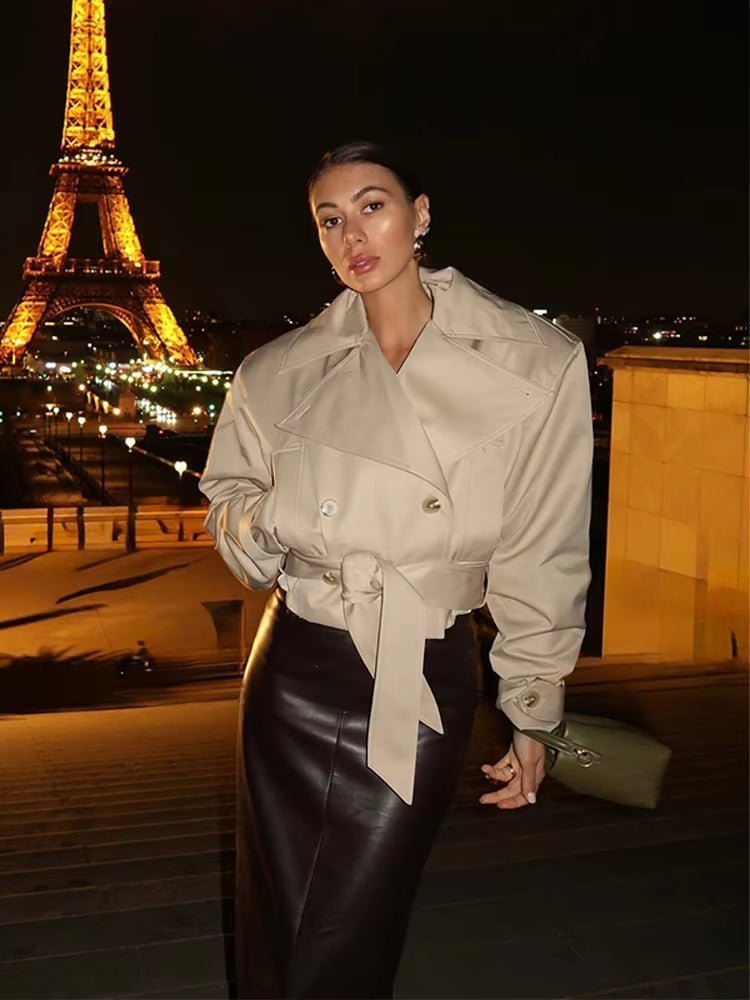 Double Breasted Belted Trench Coat with Lapel Collar