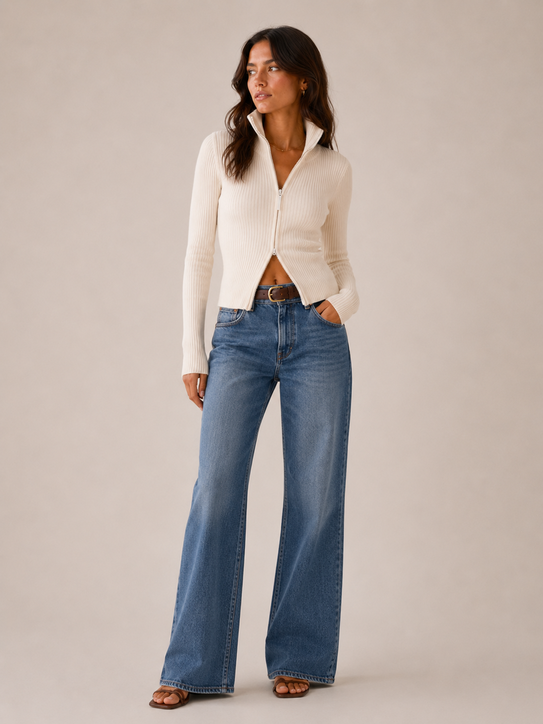 Turtleneck Ribbed Zip Knit Cardigan