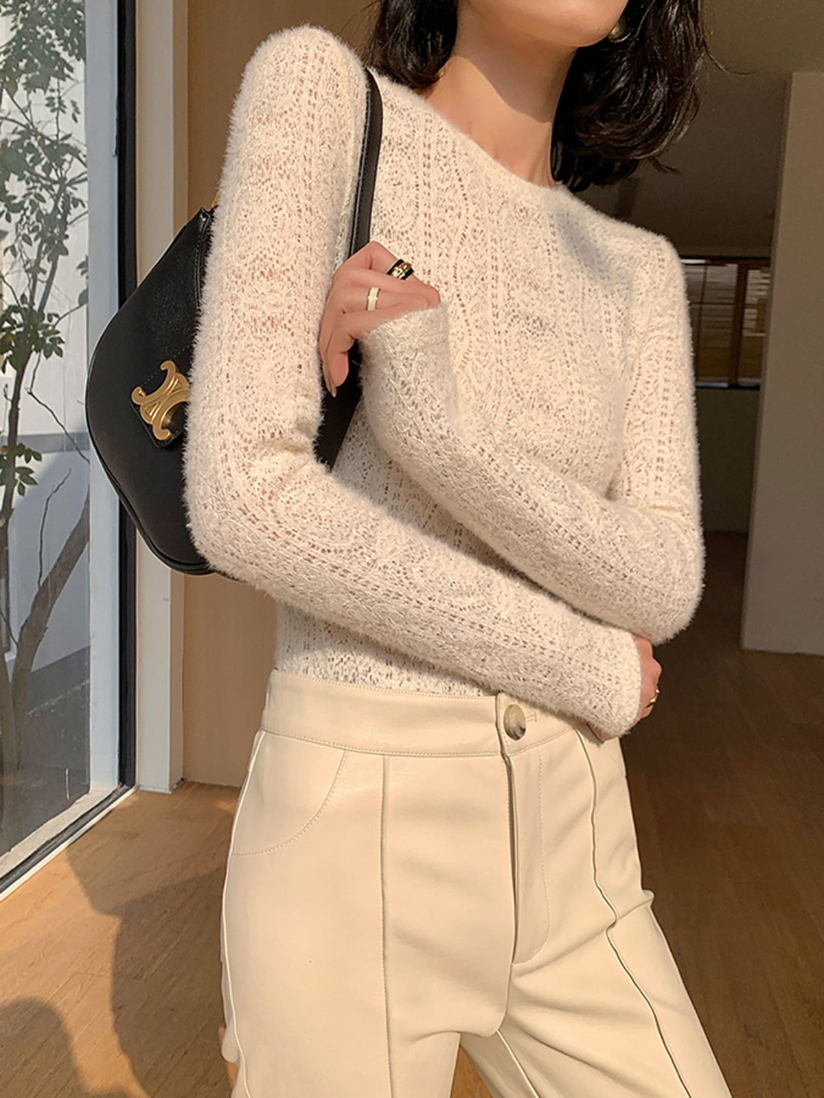 Floral Hollow Knit Long Sleeve Crew Neck Top