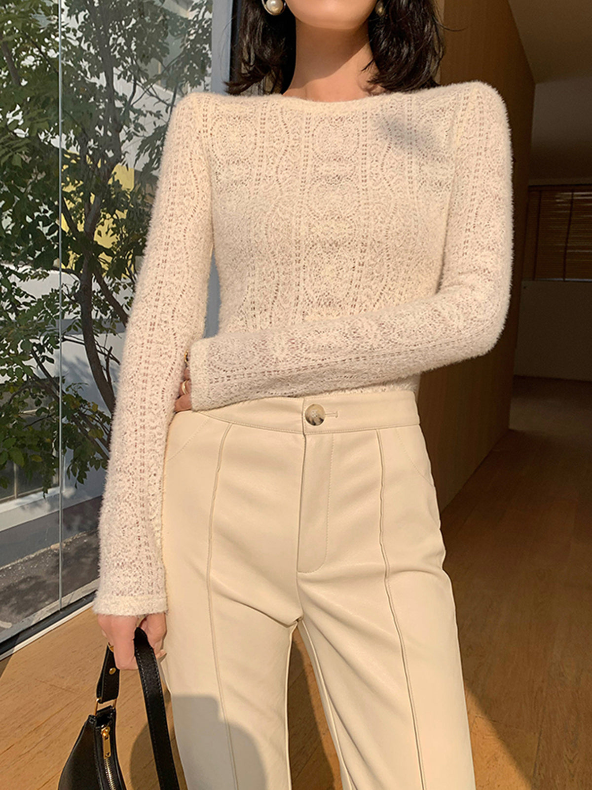 Floral Hollow Knit Long Sleeve Crew Neck Top