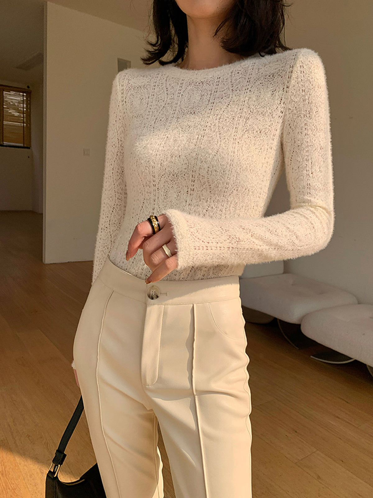Floral Hollow Knit Long Sleeve Crew Neck Top