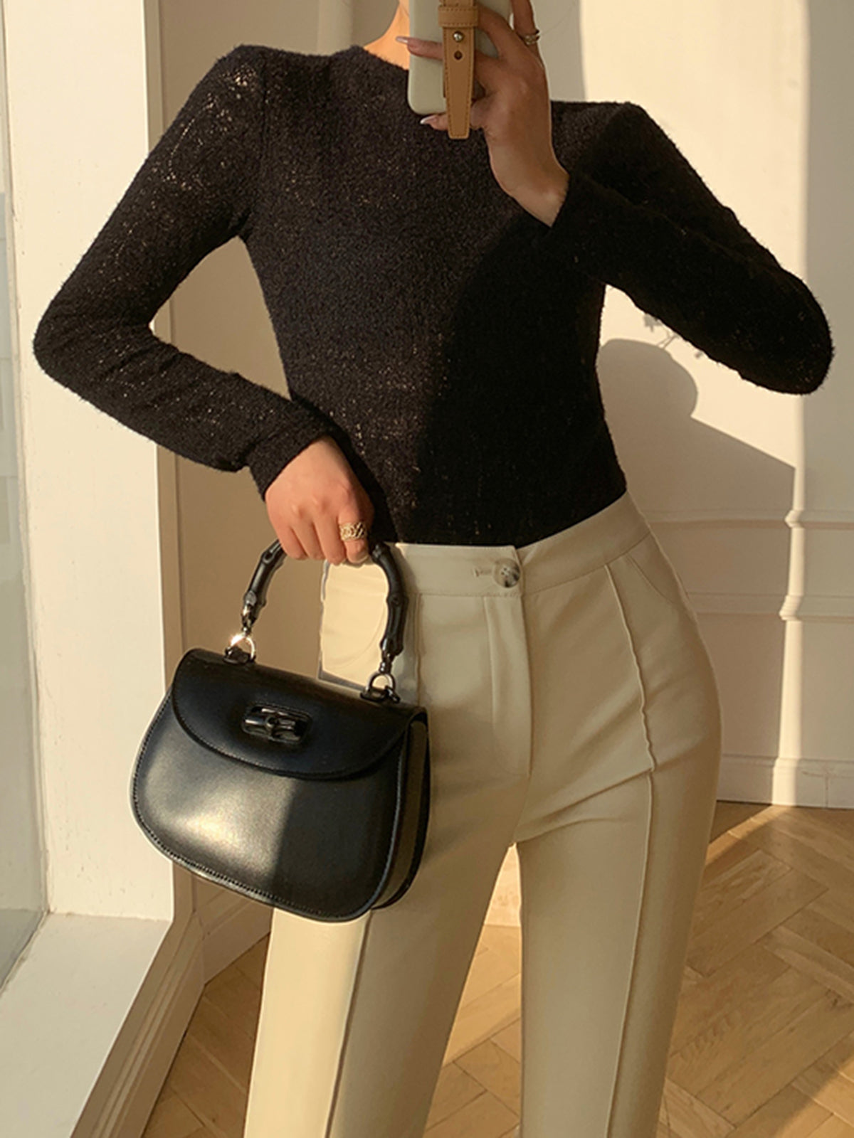 Floral Hollow Knit Long Sleeve Crew Neck Top