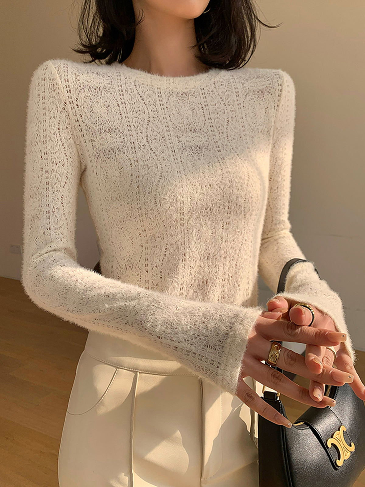 Floral Hollow Knit Long Sleeve Crew Neck Top