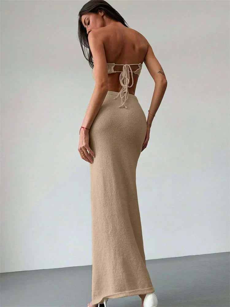 Floral Patchwork Knit Tube Top and Maxi Skirt Co-ord Set