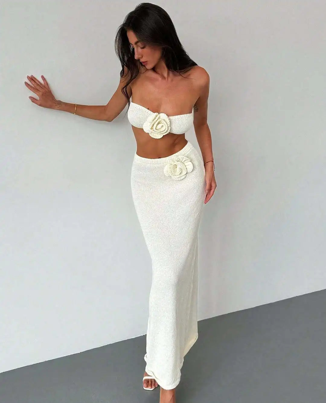 Floral Patchwork Knit Tube Top and Maxi Skirt Co-ord Set