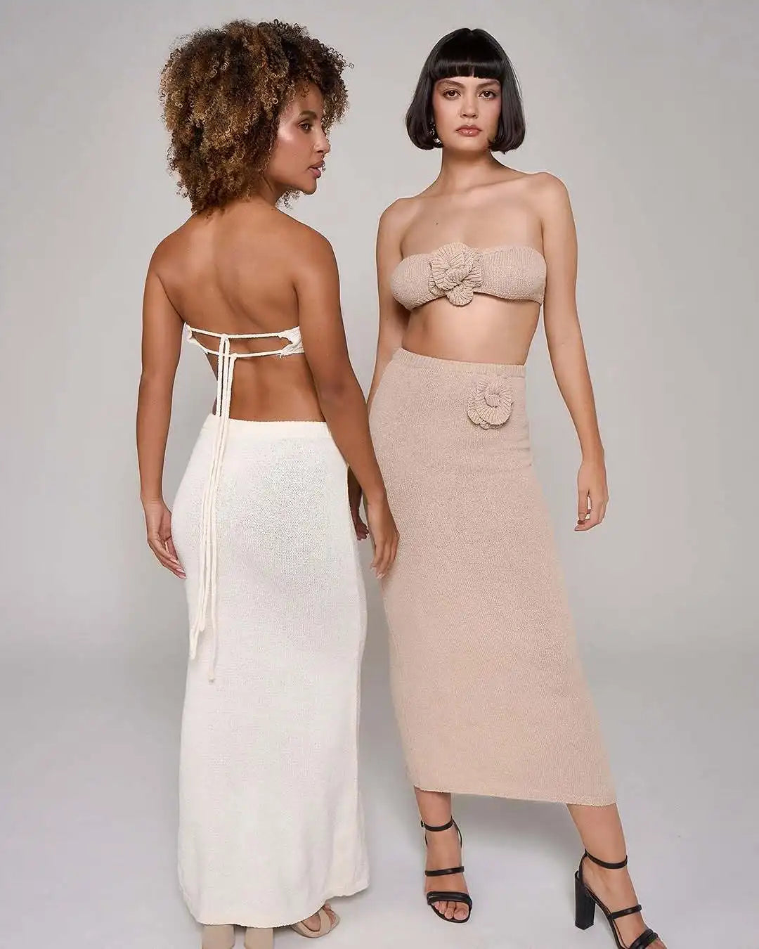 Floral Patchwork Knit Tube Top and Maxi Skirt Co-ord Set