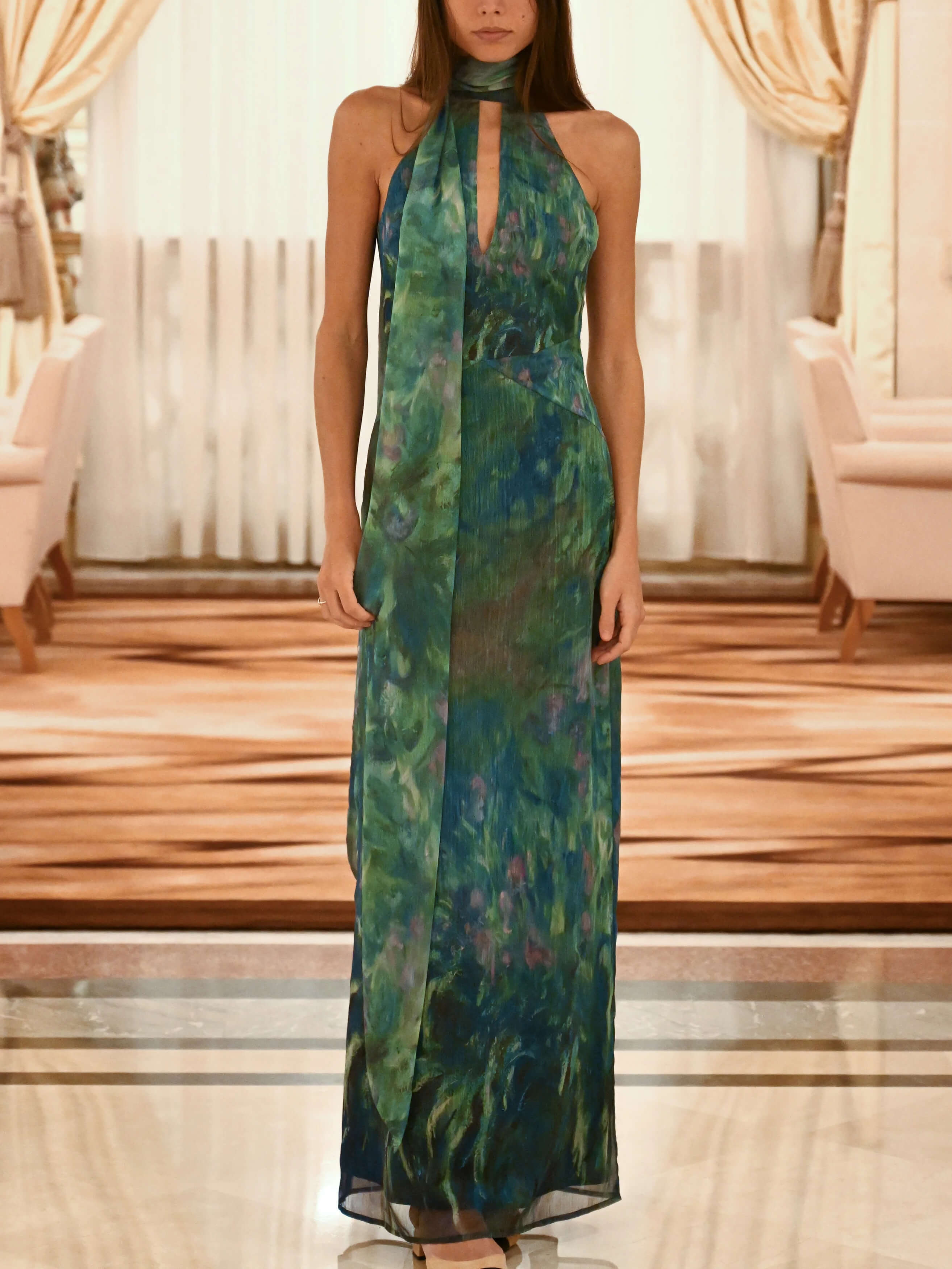 Floral Print Chiffon Maxi Dress with Open Back