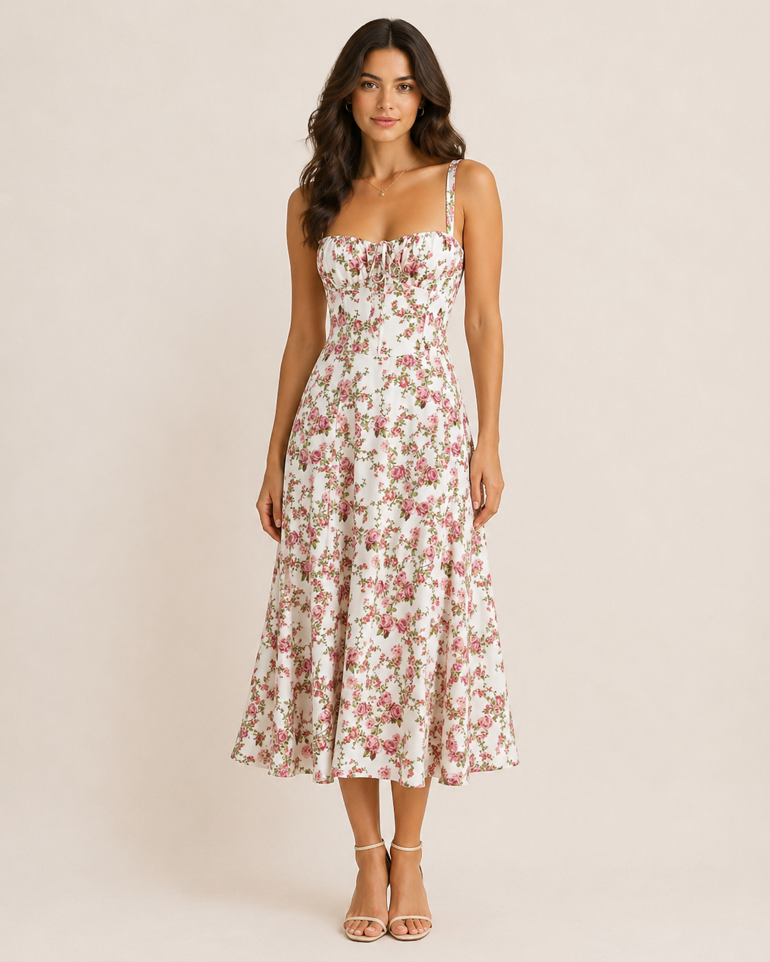 White Floral Sleeveless Midi Dress