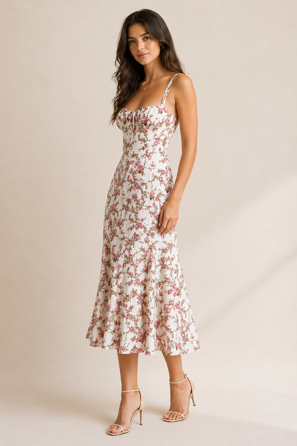 White Floral Sleeveless Midi Dress