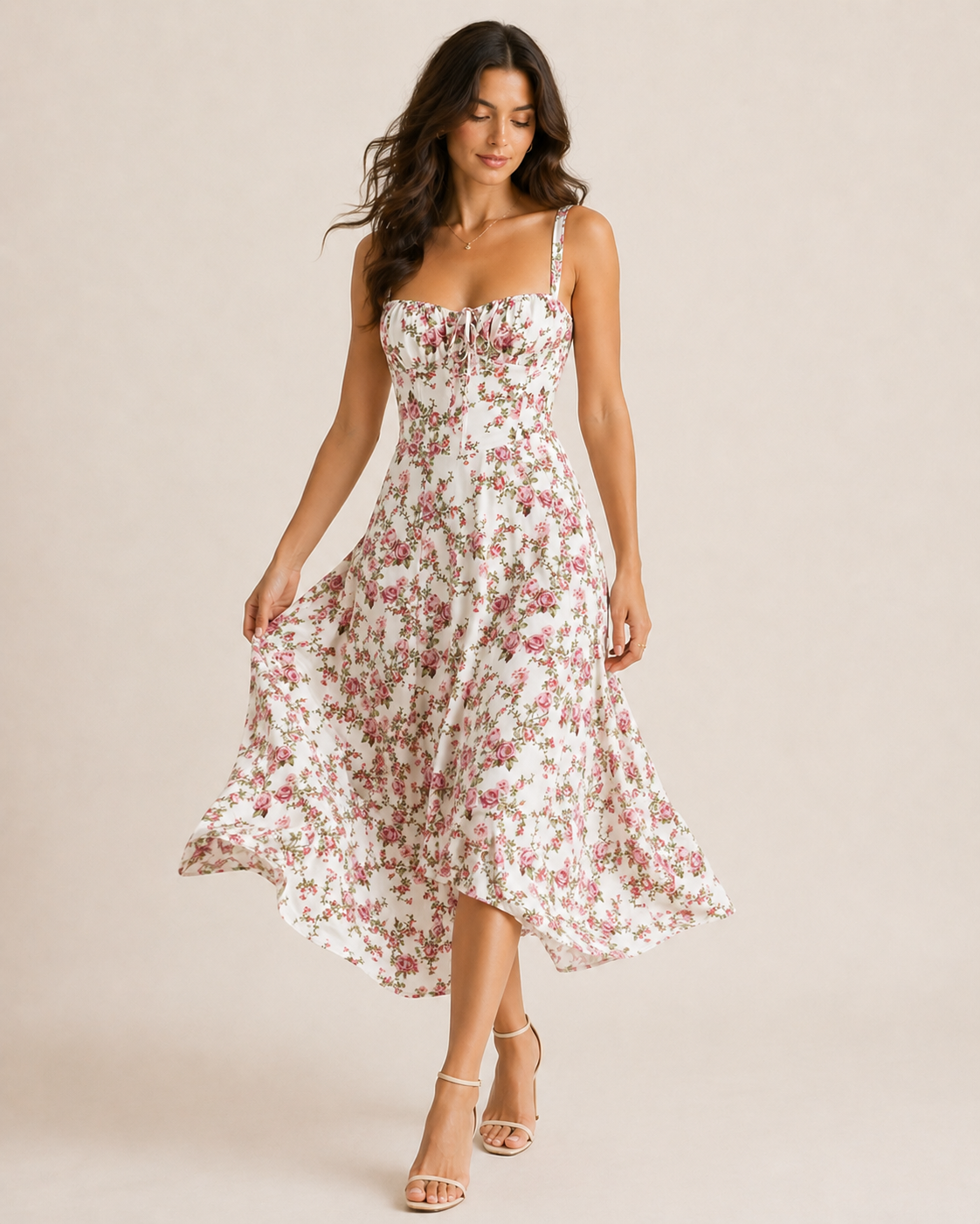 White Floral Sleeveless Midi Dress