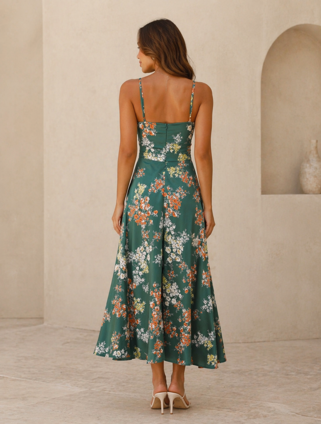 Green Floral Tie Front Midi Dress