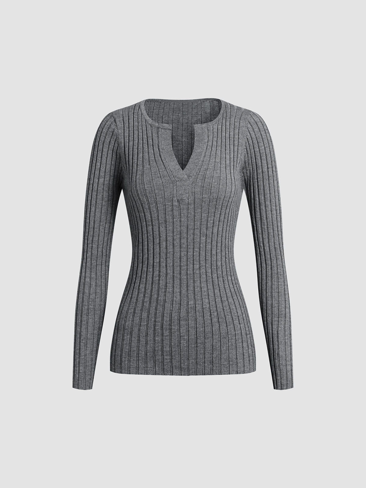 Grey V-Neck Textured Knit Long Sleeve Top