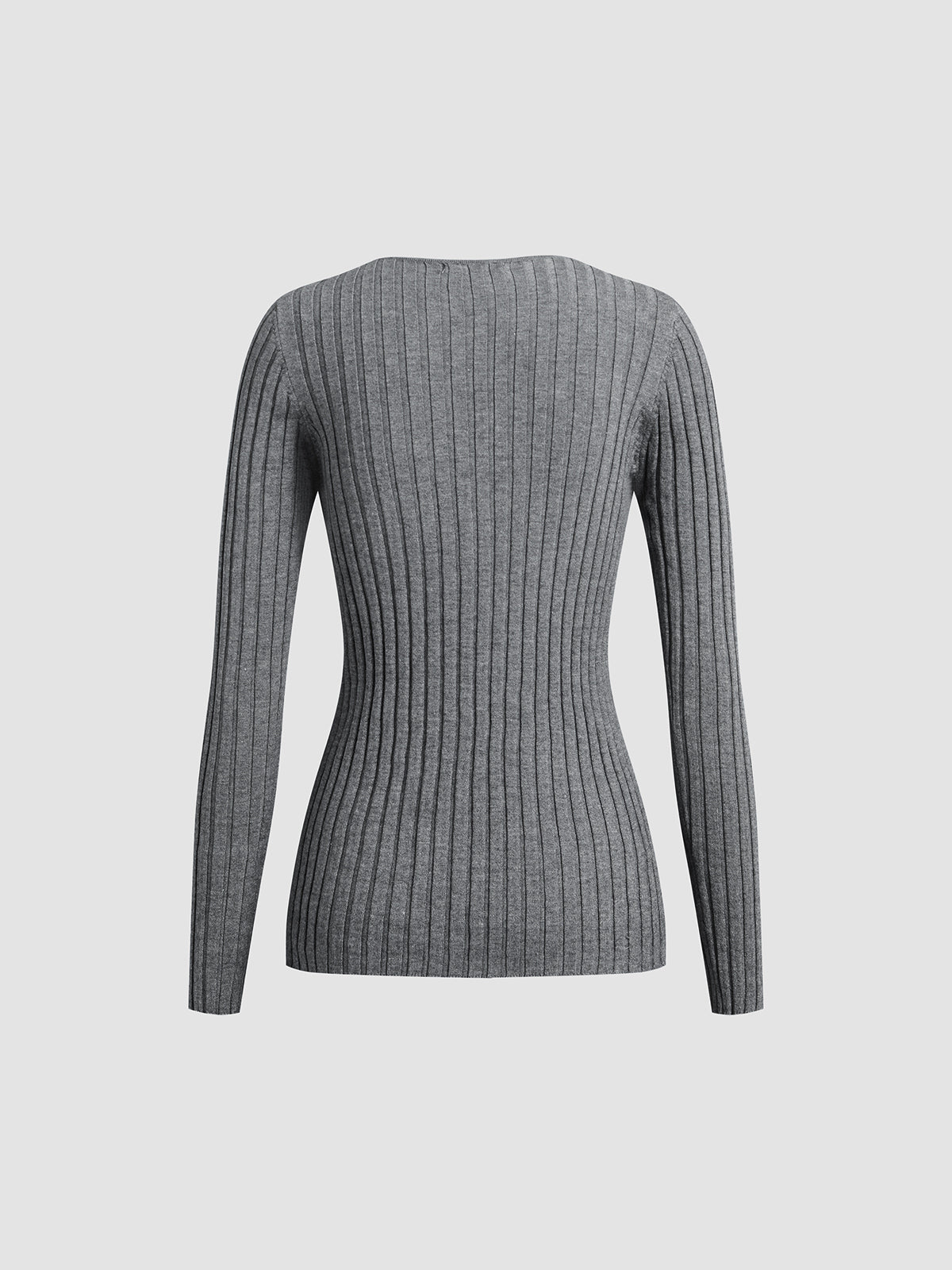 Grey V-Neck Textured Knit Long Sleeve Top